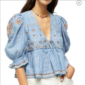 FREE PEOPLE Tallulah Chambray Embroidered Blouse